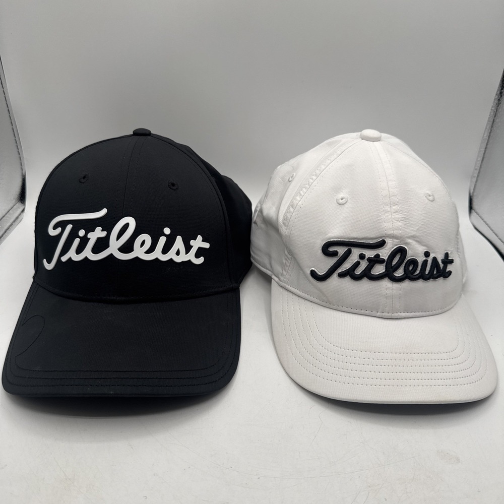 2x Titleist Golf Cap Strapback Black & White‎ Curved Brim Hat Athletic Material